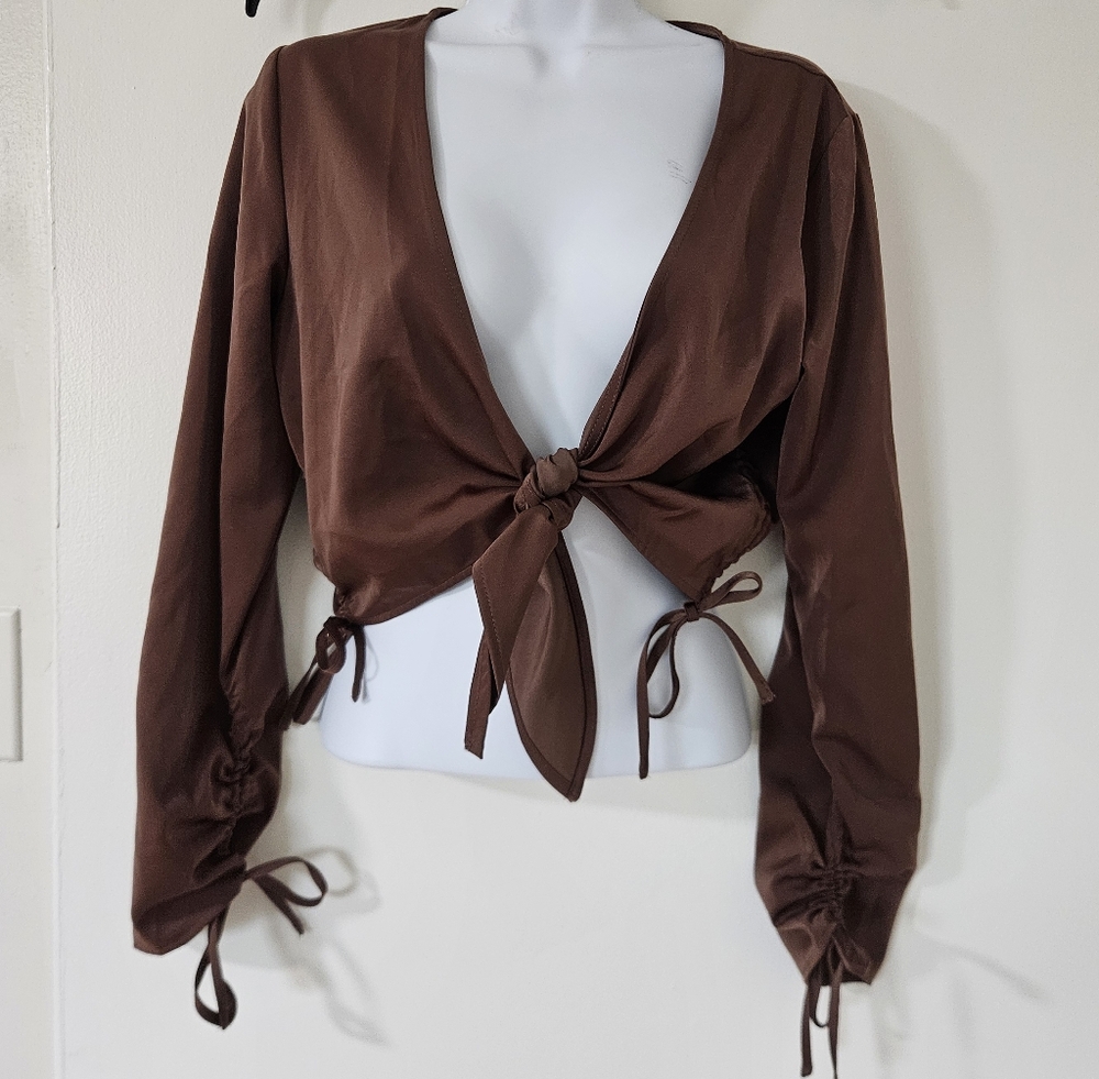F21 Womens Top M Y2K Fairy Grunge Brown Crop Boho Satin Wrap Ruched Tie Front
